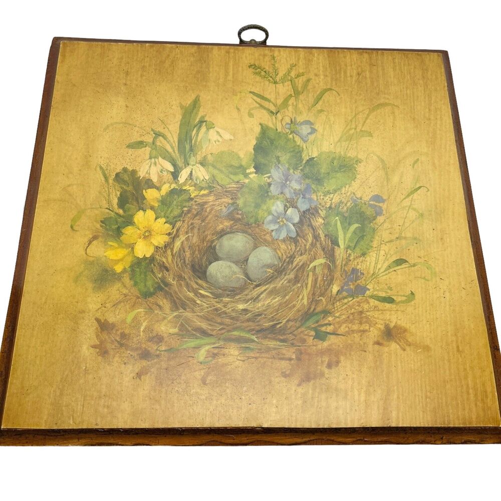 Wildflowers Robin's Nest Wall Art 70s Decoupage Wooden Wall Hanging Plaque Retro - Picture 2 of 11